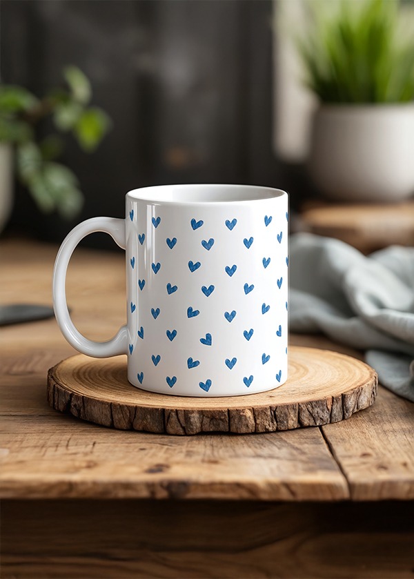 Mavi Kalp Desenli Seramik Kupa