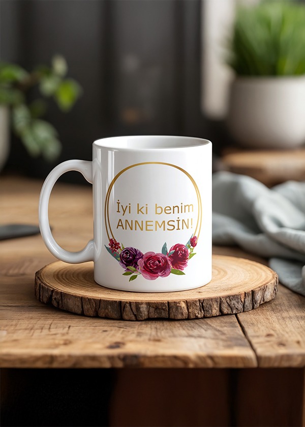 Altın Renk Çerçeveli ve Bordo Gül Desenli İyi Ki Benim Annemsin Kupa Bardak Model 6