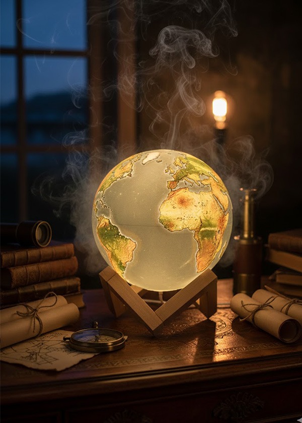 3D Kabartmalı Dünya Küresi Masa Lambası - Ahşap Standlı Dekoratif Aydınlatma