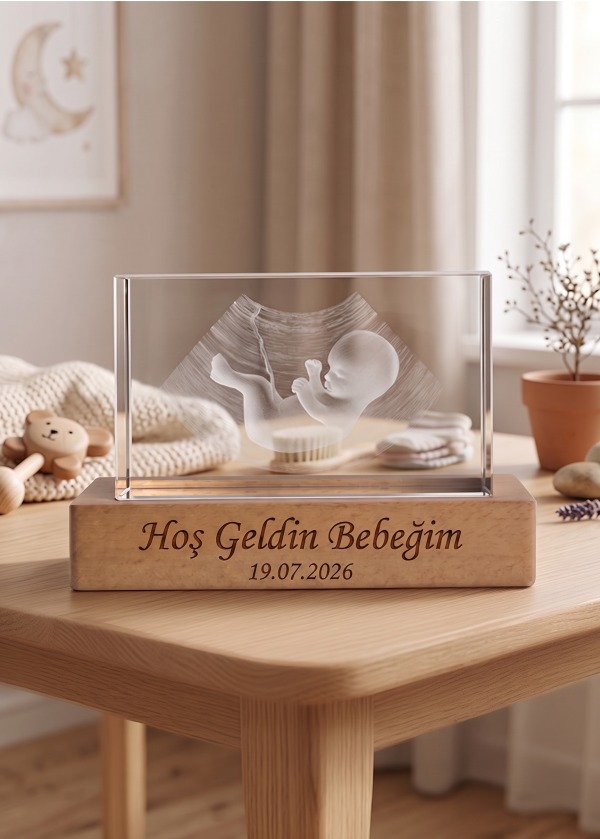 Kişiye Özel Işıklı Ahşap Standlı Kristal Cam Blok - Ultrason & Fotoğraf Baskılı Anı Hediyesi 5x5x8 cm