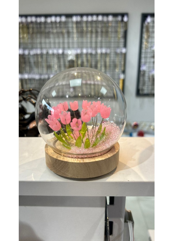 Pembe Lale Bahçesi Cam Fanus